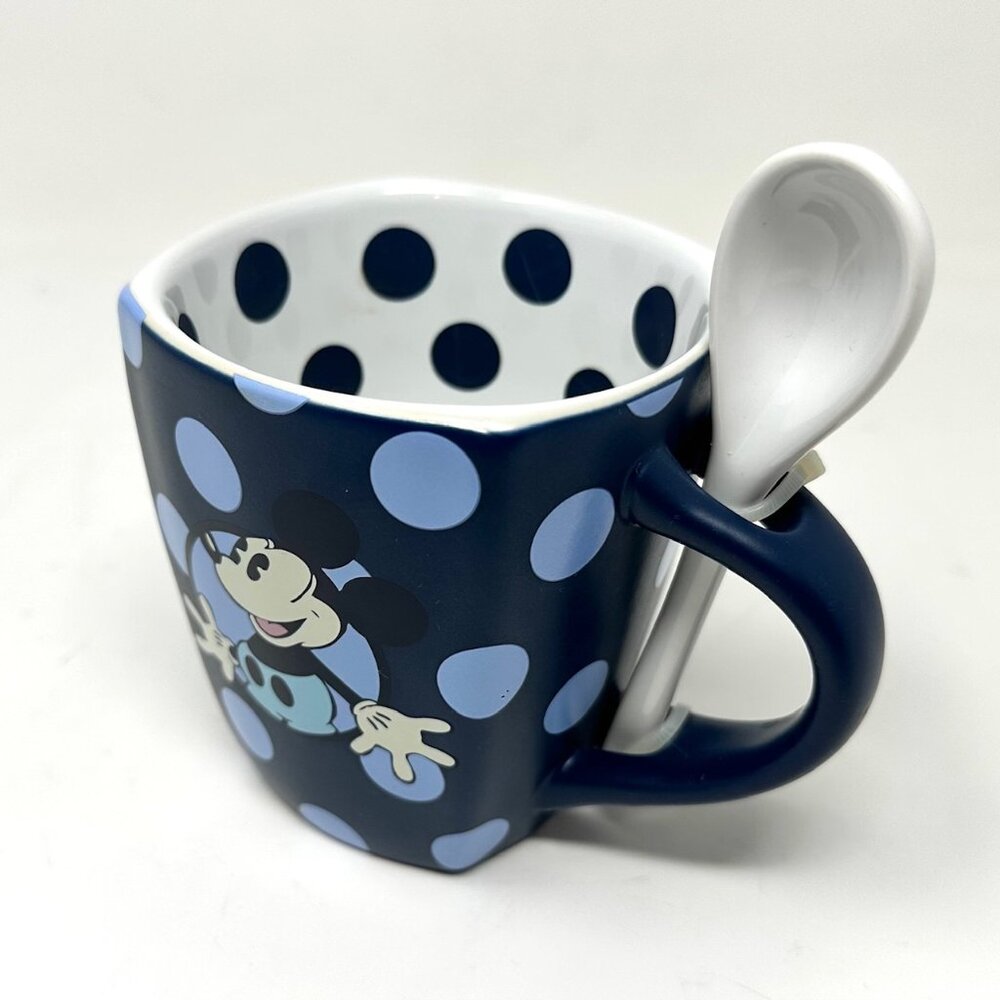 Disney Blue Polka Dot Mickey Mouse Coffee Mug w/Spoon Super Fun and Cute! NWOT!